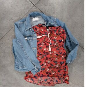 COMBO - Girls Jean Jacket + Floral Print Long Sleeve Top - Size 8
